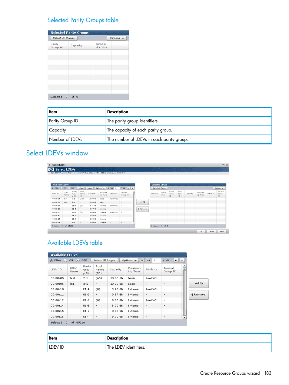 Select ldevs window, Selected parity groups table, Available ldevs table | HP XP P9500 Storage User Manual | Page 183 / 335