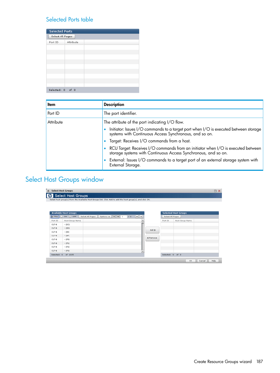 Select host groups window, Selected ports table | HP XP P9500 Storage User Manual | Page 187 / 335