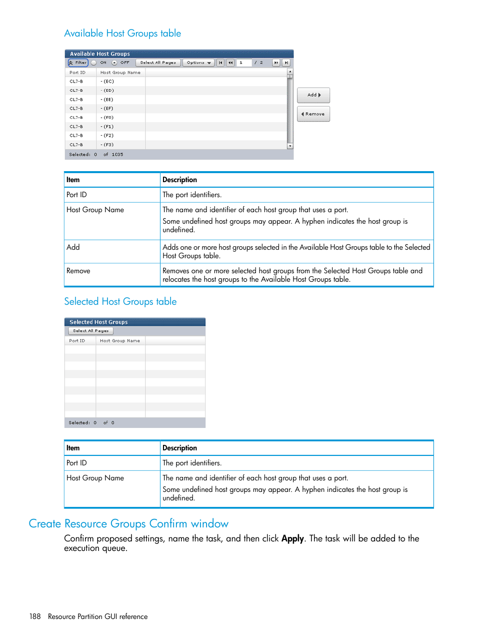 Create resource groups confirm window, Available host groups table, Selected host groups table | HP XP P9500 Storage User Manual | Page 188 / 335