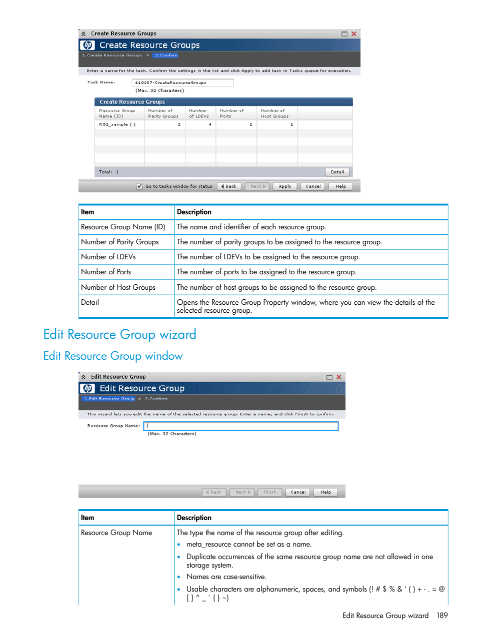 Edit resource group wizard, Edit resource group window | HP XP P9500 Storage User Manual | Page 189 / 335