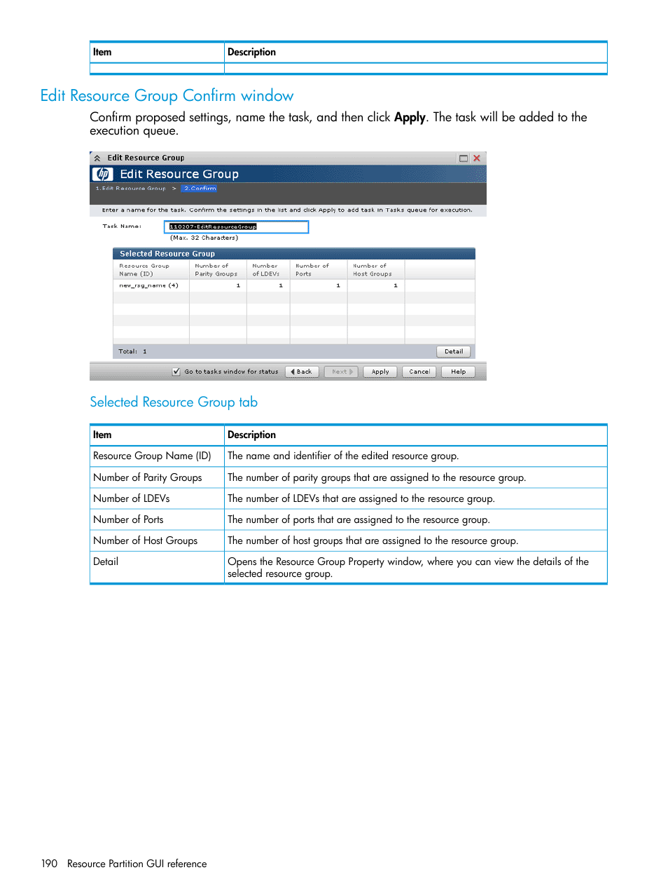 Edit resource group confirm window, Selected resource group tab | HP XP P9500 Storage User Manual | Page 190 / 335