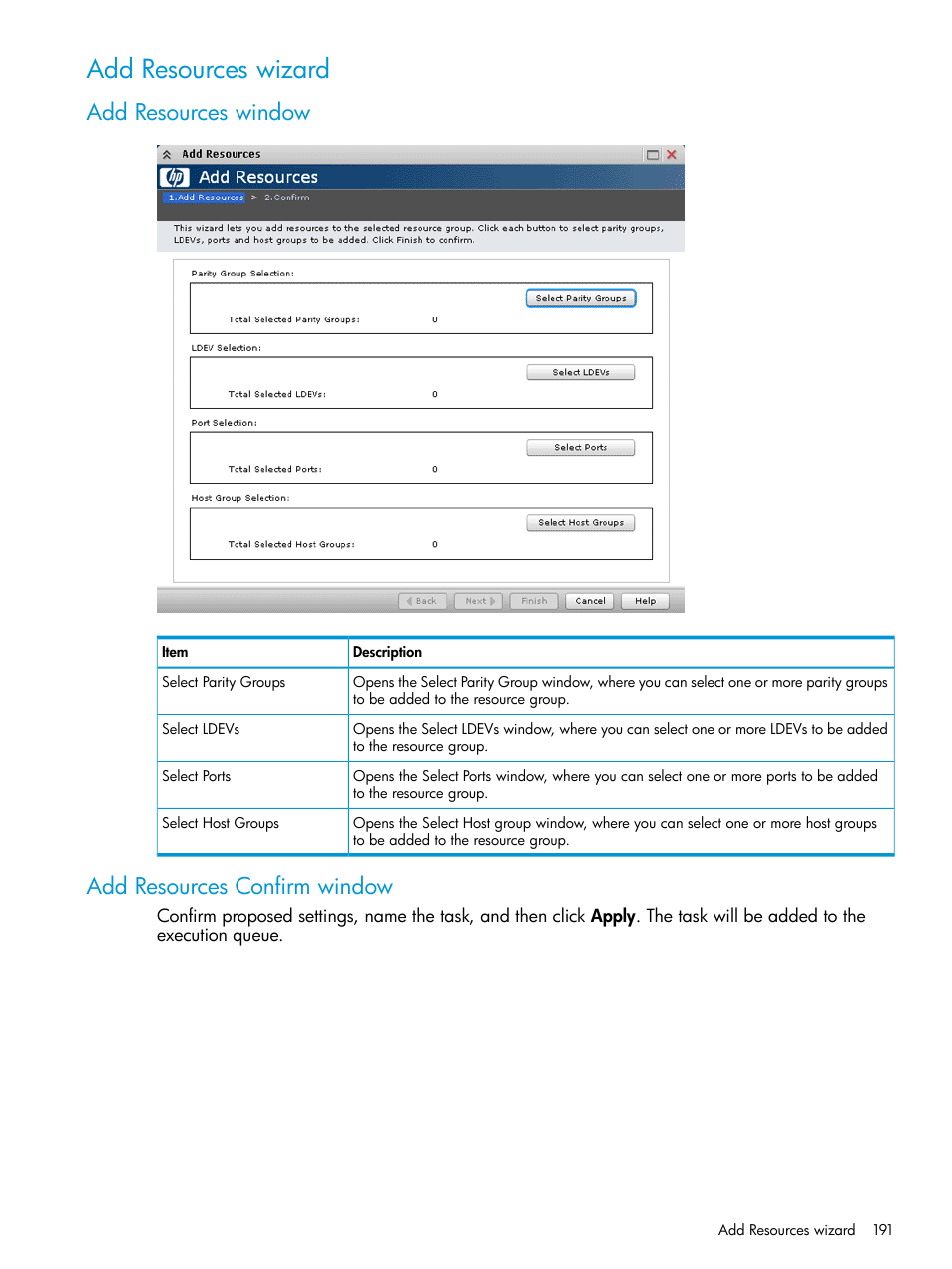 Add resources wizard, Add resources window, Add resources confirm window | Add resources window add resources confirm window | HP XP P9500 Storage User Manual | Page 191 / 335