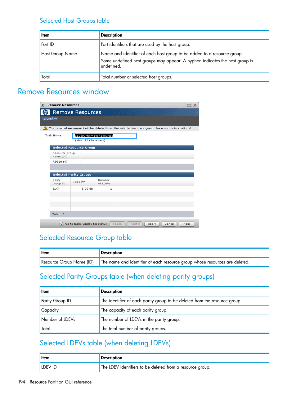 Remove resources window, Selected resource group table, Selected ldevs table (when deleting ldevs) | Selected host groups table | HP XP P9500 Storage User Manual | Page 194 / 335