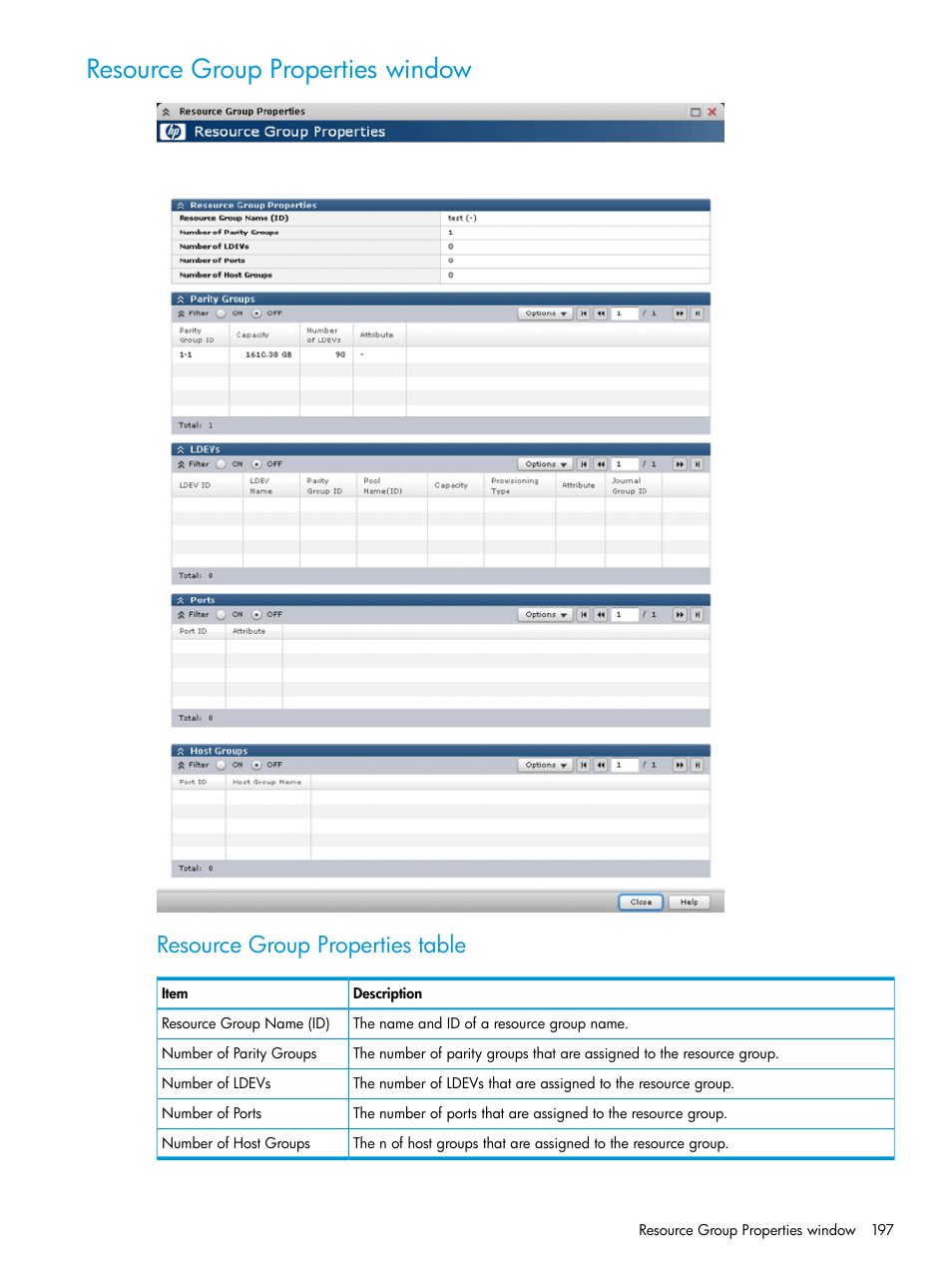 Resource group properties window, Resource group properties table | HP XP P9500 Storage User Manual | Page 197 / 335