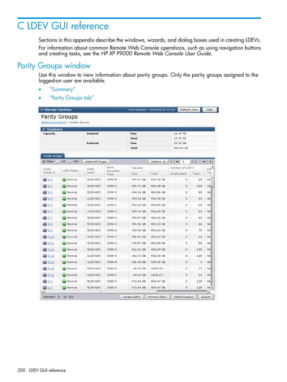 C ldev gui reference, Parity groups window | HP XP P9500 Storage User Manual | Page 200 / 335