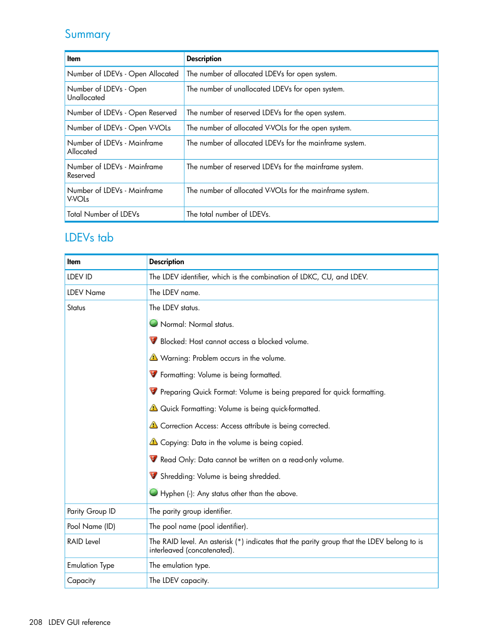 Summary, Ldevs tab | HP XP P9500 Storage User Manual | Page 208 / 335