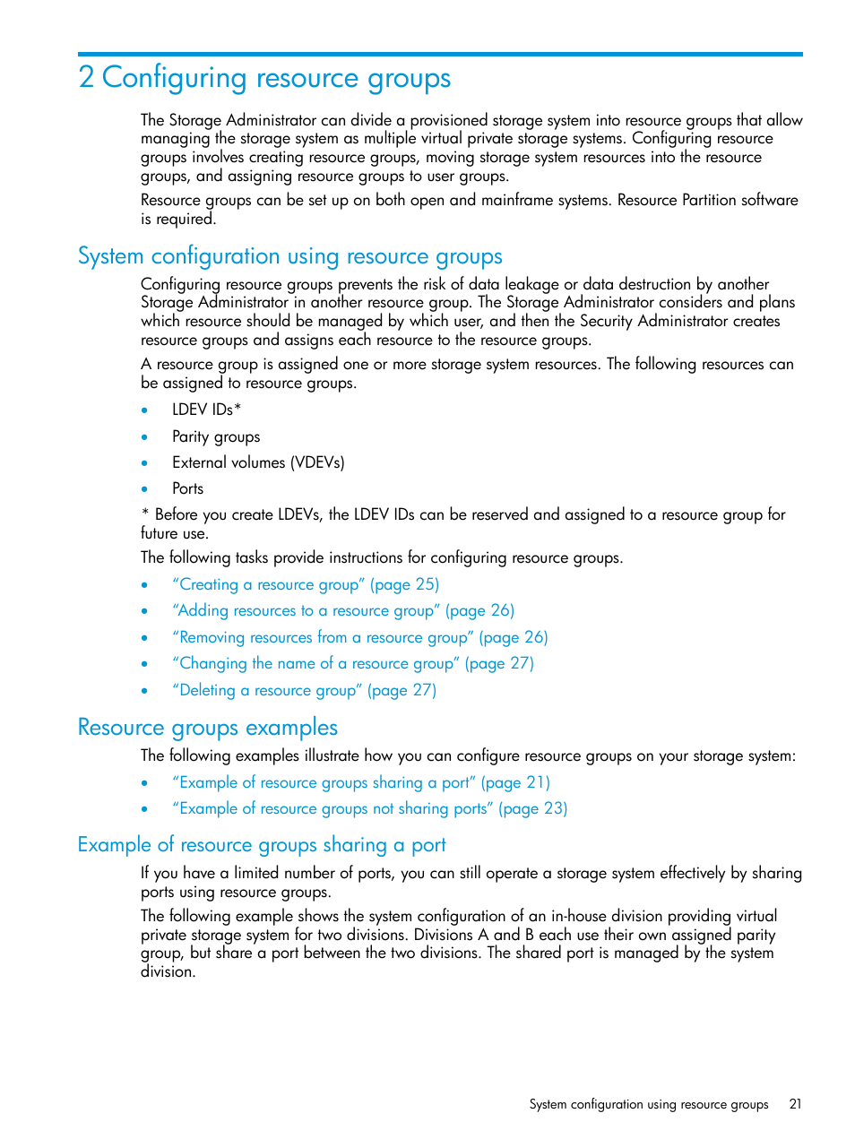 2 configuring resource groups, System configuration using resource groups, Resource groups examples | Example of resource groups sharing a port | HP XP P9500 Storage User Manual | Page 21 / 335