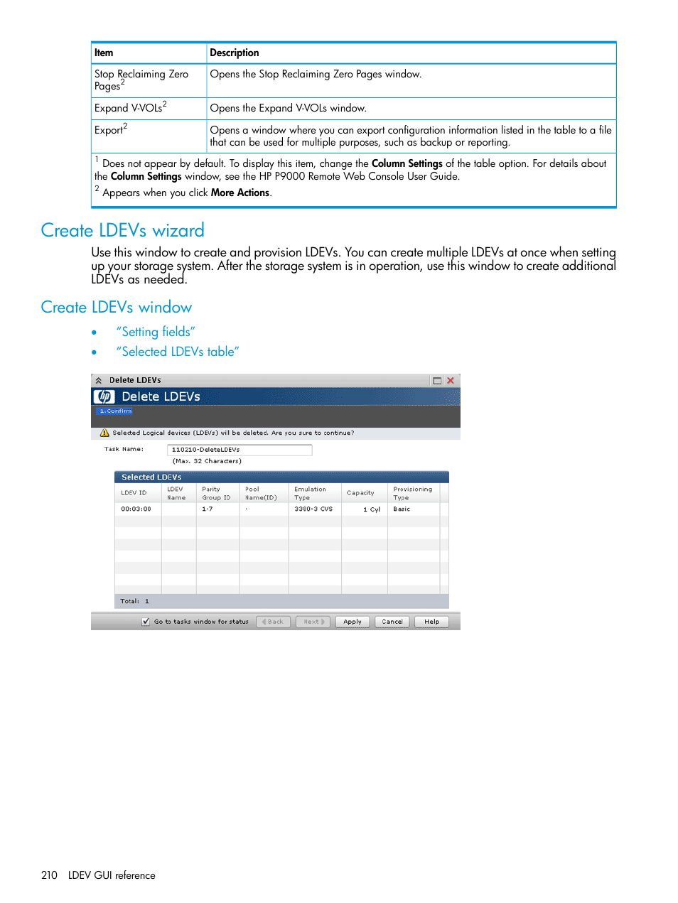 Create ldevs wizard, Create ldevs window | HP XP P9500 Storage User Manual | Page 210 / 335