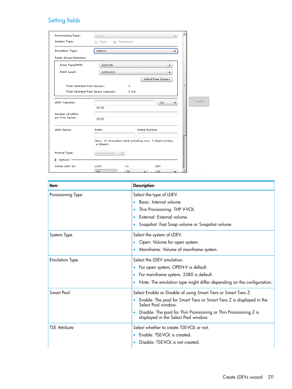 Setting fields | HP XP P9500 Storage User Manual | Page 211 / 335