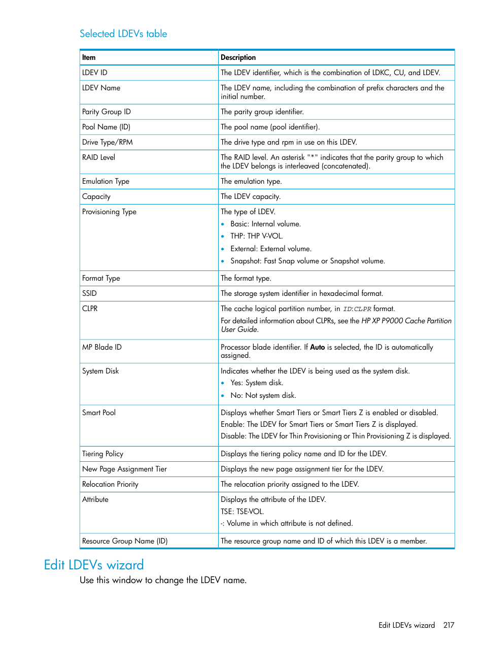 Edit ldevs wizard, Selected ldevs table | HP XP P9500 Storage User Manual | Page 217 / 335