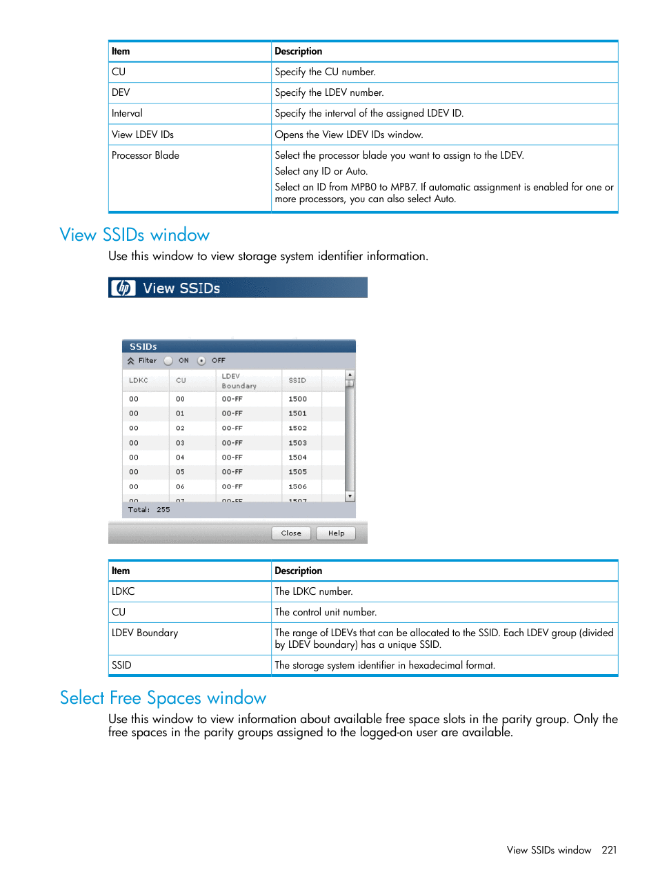 View ssids window, Select free spaces window, View ssids window select free spaces window | HP XP P9500 Storage User Manual | Page 221 / 335