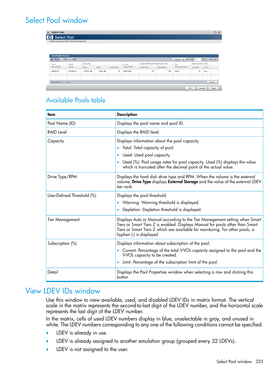 Select pool window, View ldev ids window, Select pool window view ldev ids window | Available pools table | HP XP P9500 Storage User Manual | Page 223 / 335