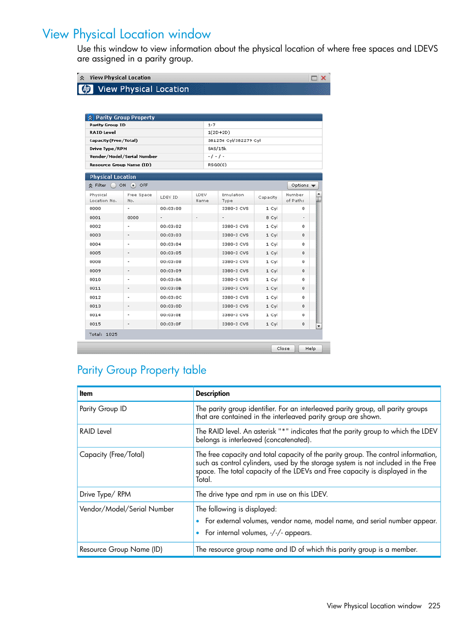 View physical location window, Parity group property table | HP XP P9500 Storage User Manual | Page 225 / 335