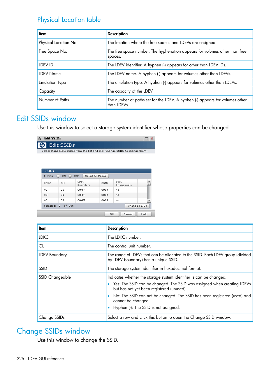 Edit ssids window, Change ssids window, Edit ssids window change ssids window | Physical location table | HP XP P9500 Storage User Manual | Page 226 / 335