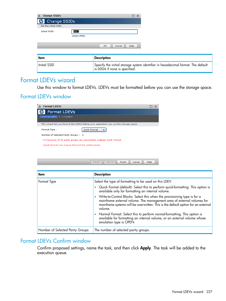 Format ldevs wizard, Format ldevs window, Format ldevs confirm window | Format ldevs window format ldevs confirm window | HP XP P9500 Storage User Manual | Page 227 / 335