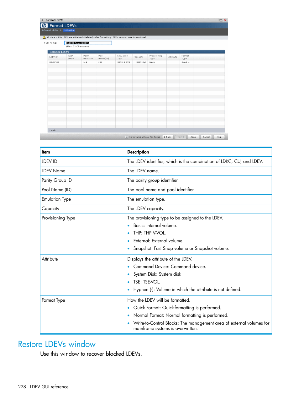 Restore ldevs window | HP XP P9500 Storage User Manual | Page 228 / 335