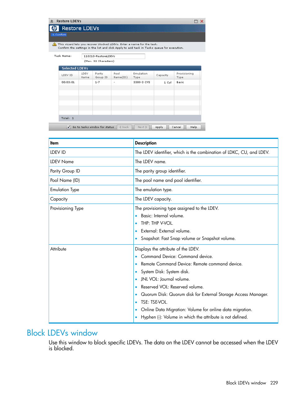 Block ldevs window | HP XP P9500 Storage User Manual | Page 229 / 335