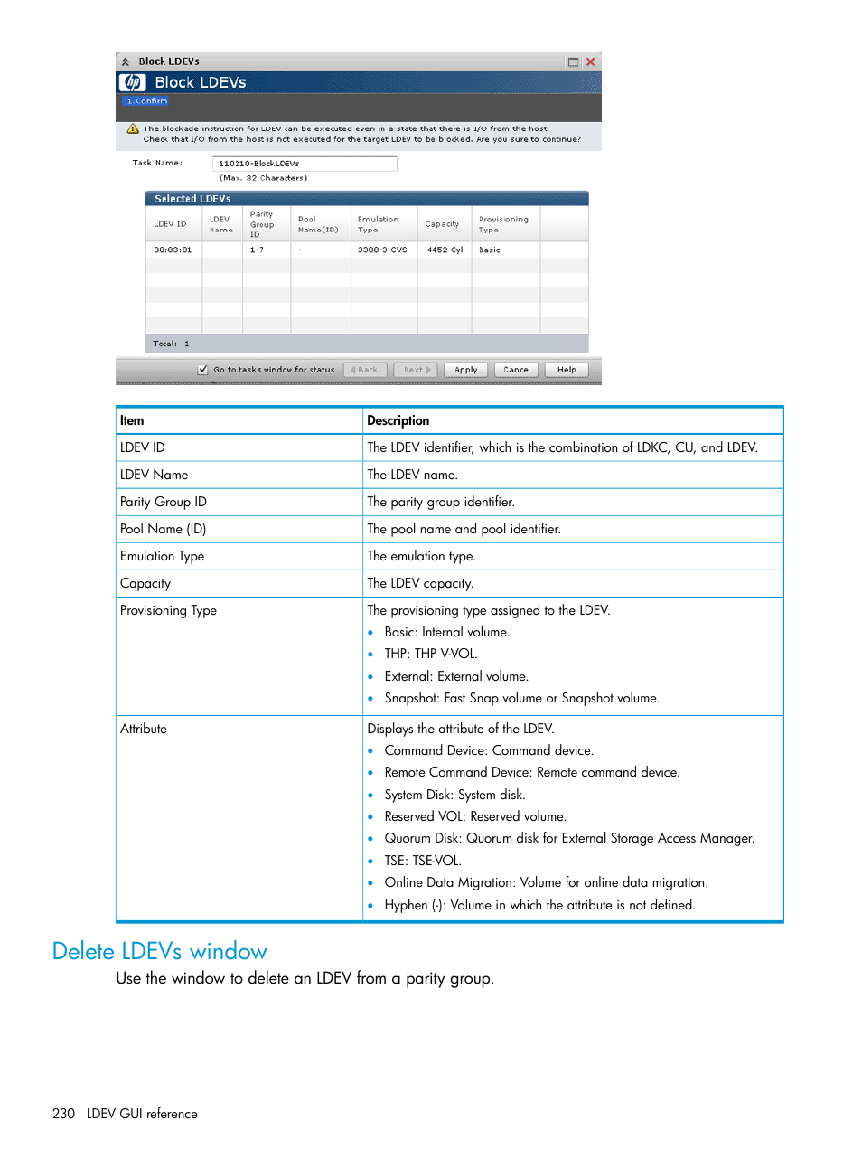 Delete ldevs window | HP XP P9500 Storage User Manual | Page 230 / 335