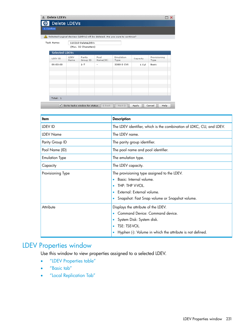 Ldev properties window | HP XP P9500 Storage User Manual | Page 231 / 335