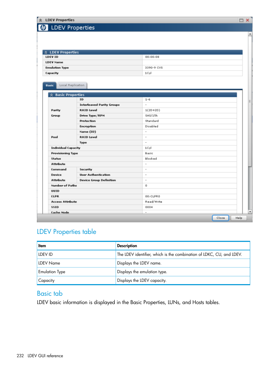 Ldev properties table, Basic tab | HP XP P9500 Storage User Manual | Page 232 / 335