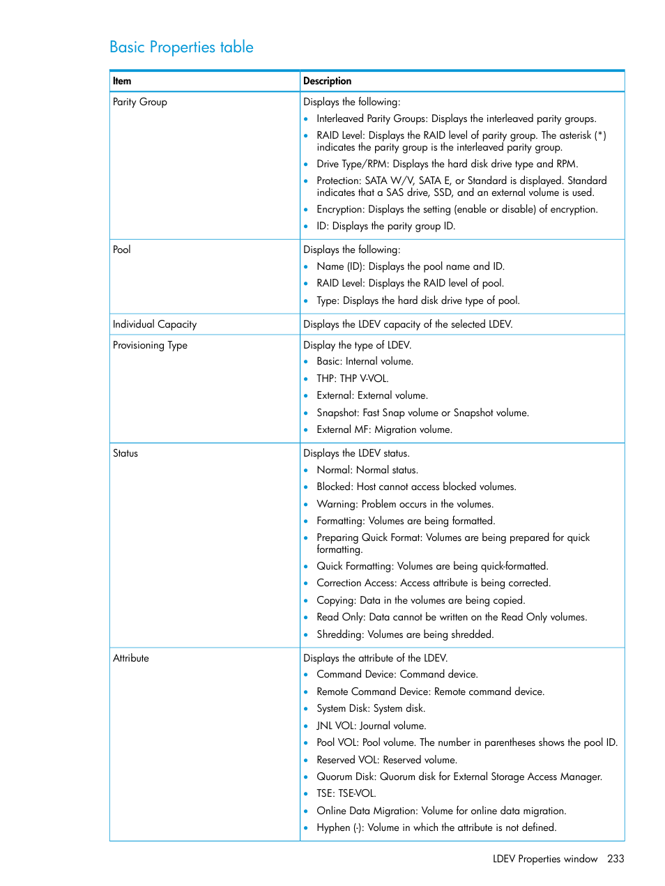 Basic properties table | HP XP P9500 Storage User Manual | Page 233 / 335