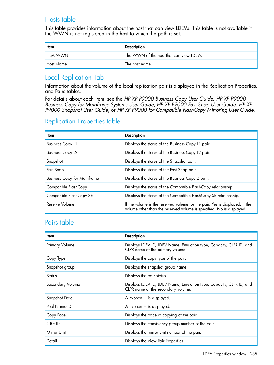 Hosts table, Local replication tab, Replication properties table | Pairs table | HP XP P9500 Storage User Manual | Page 235 / 335