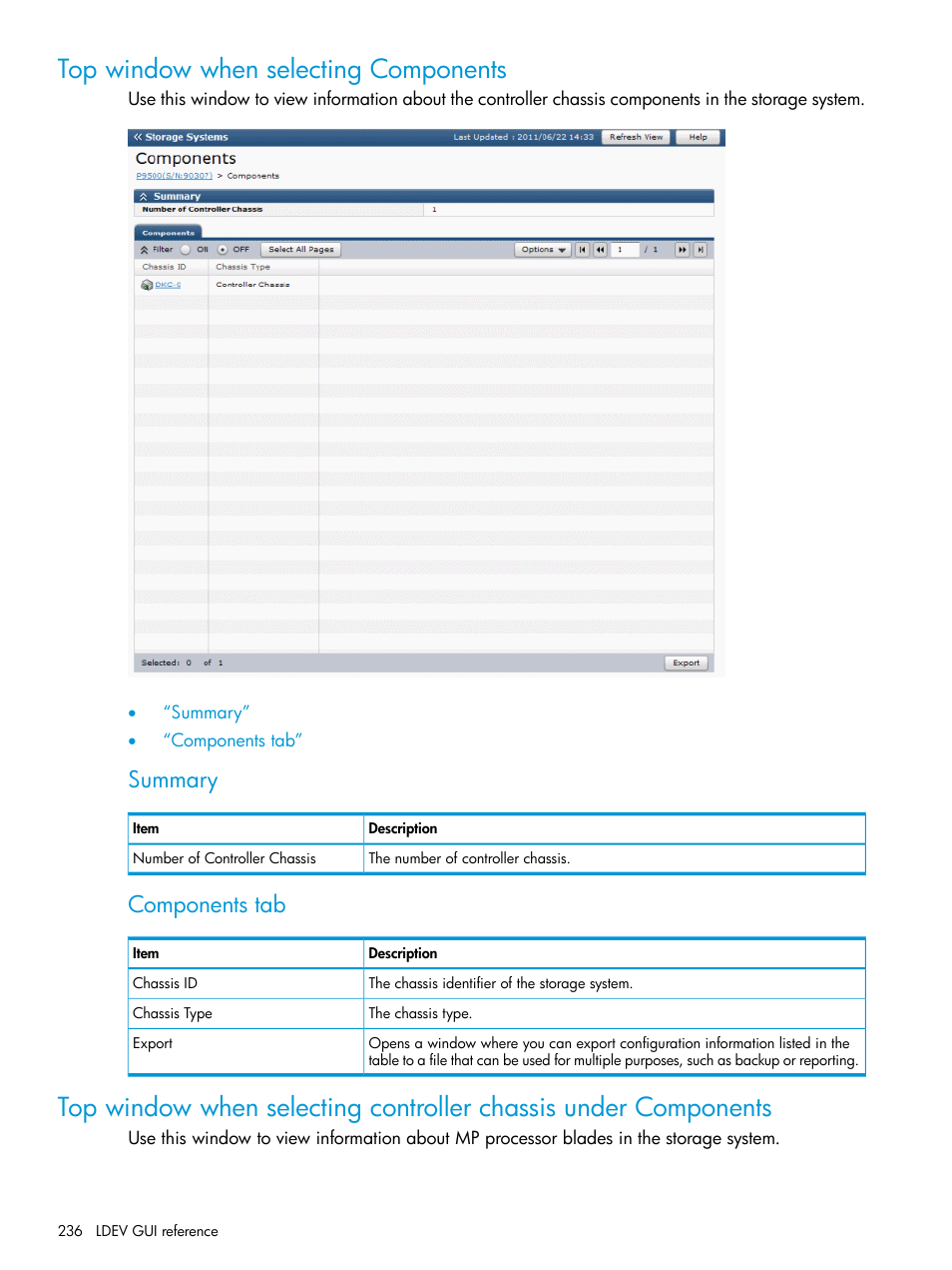 Top window when selecting components, Summary, Components tab | HP XP P9500 Storage User Manual | Page 236 / 335