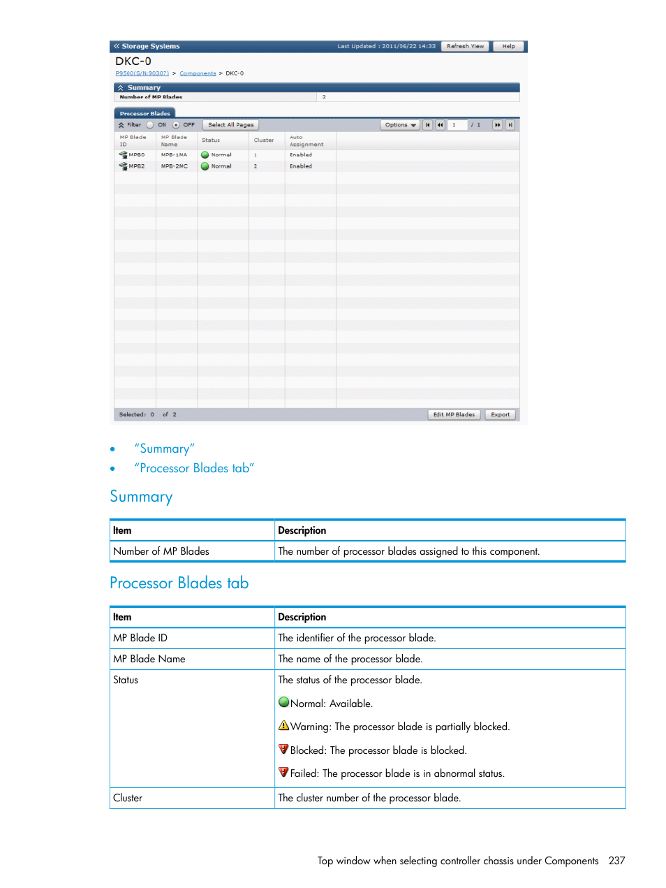 Summary, Processor blades tab | HP XP P9500 Storage User Manual | Page 237 / 335