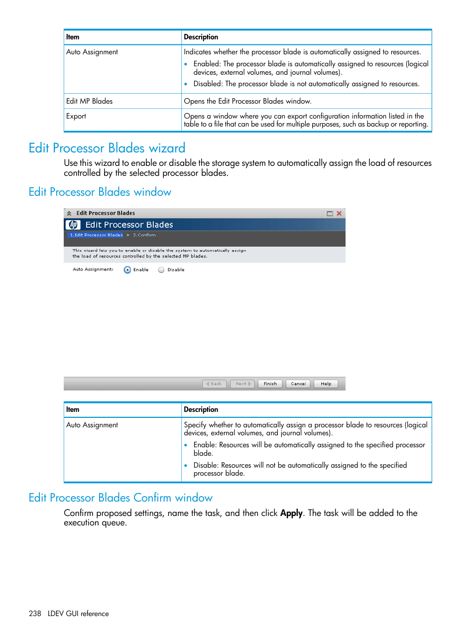 Edit processor blades wizard, Edit processor blades window, Edit processor blades confirm window | HP XP P9500 Storage User Manual | Page 238 / 335