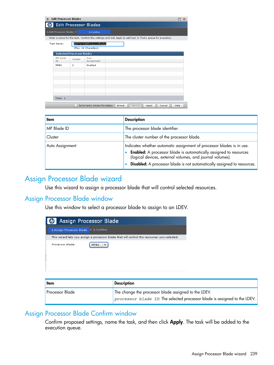 Assign processor blade wizard, Assign processor blade window, Assign processor blade confirm window | HP XP P9500 Storage User Manual | Page 239 / 335