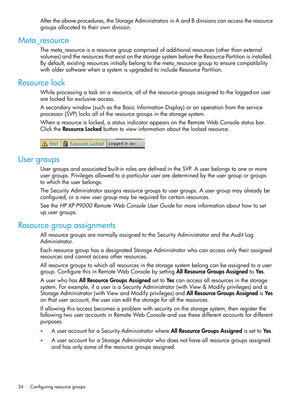 Meta_resource, Resource lock, User groups | Resource group assignments | HP XP P9500 Storage User Manual | Page 24 / 335