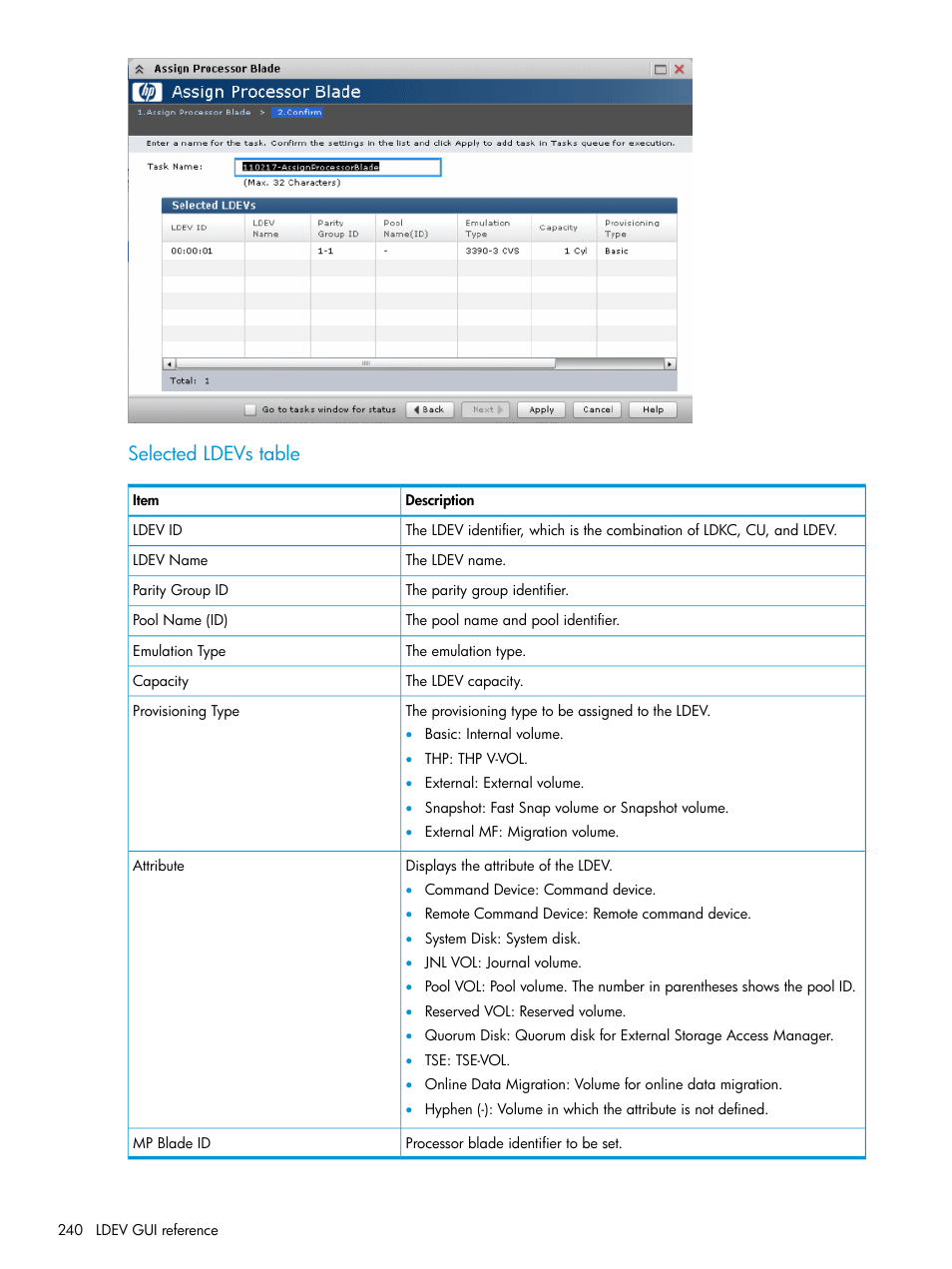 Selected ldevs table | HP XP P9500 Storage User Manual | Page 240 / 335