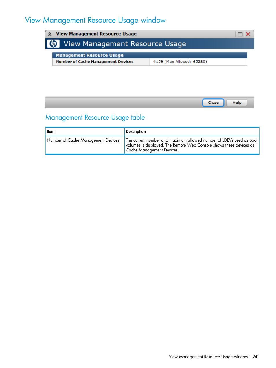 View management resource usage window, Management resource usage table | HP XP P9500 Storage User Manual | Page 241 / 335