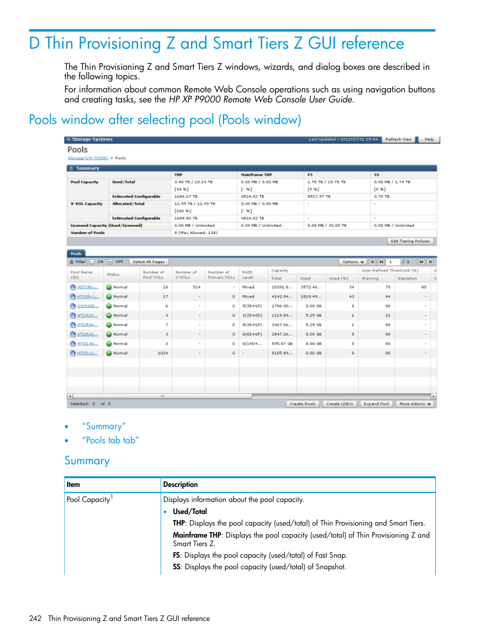 Pools window after selecting pool (pools window), Pools window after selecting pool, Summary | HP XP P9500 Storage User Manual | Page 242 / 335