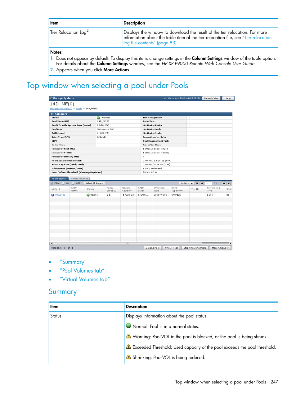 Top window when selecting a pool under pools, Summary | HP XP P9500 Storage User Manual | Page 247 / 335