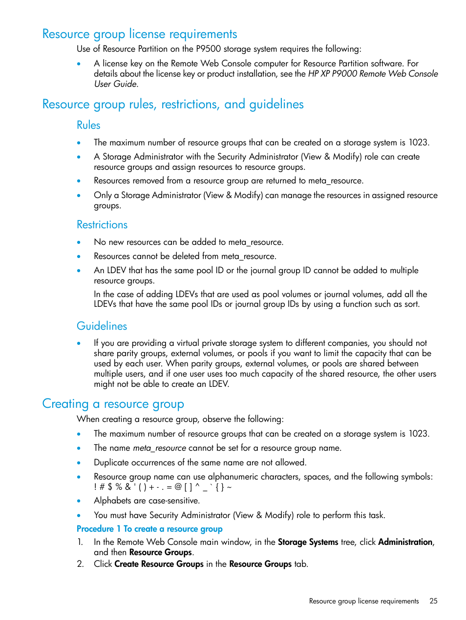 Resource group license requirements, Resource group rules, restrictions, and guidelines, Creating a resource group | Rules, Restrictions, Guidelines | HP XP P9500 Storage User Manual | Page 25 / 335