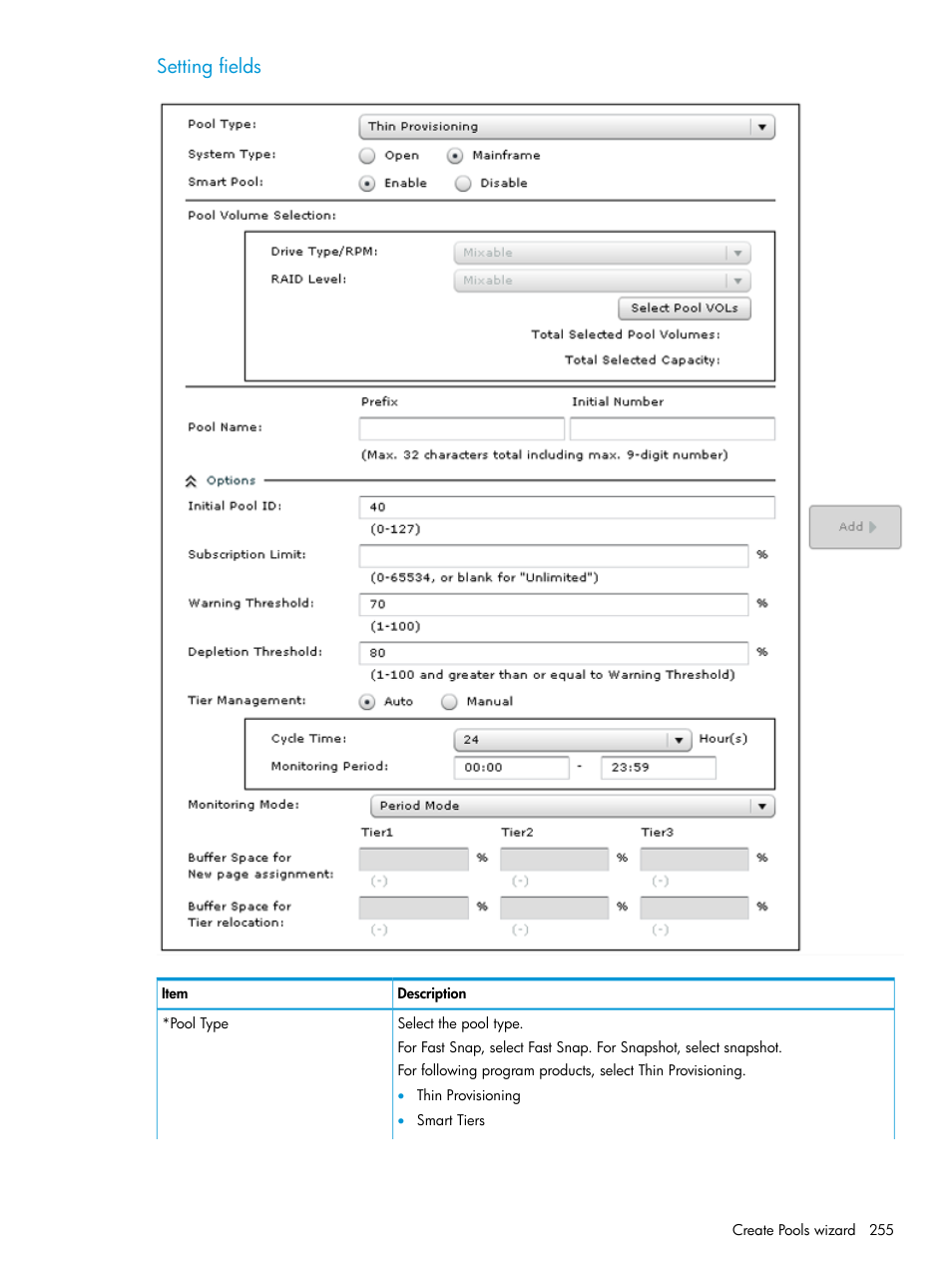 Setting fields | HP XP P9500 Storage User Manual | Page 255 / 335