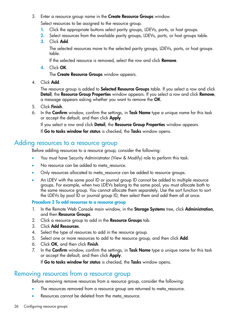 Adding resources to a resource group, Removing resources from a resource group | HP XP P9500 Storage User Manual | Page 26 / 335