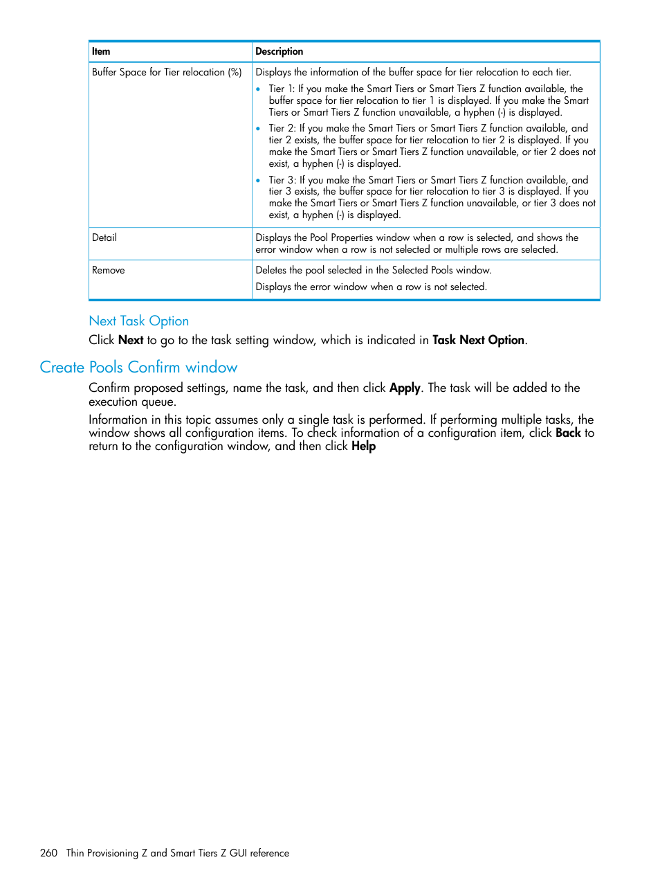 Create pools confirm window, Next task option | HP XP P9500 Storage User Manual | Page 260 / 335