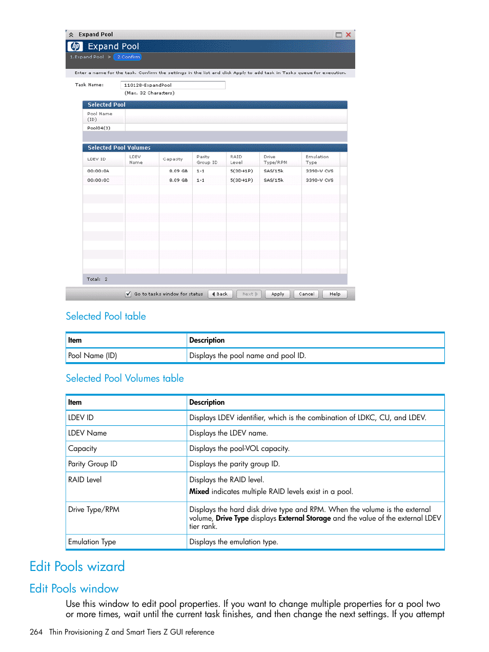 Edit pools wizard, Edit pools window, Selected pool table | Selected pool volumes table | HP XP P9500 Storage User Manual | Page 264 / 335