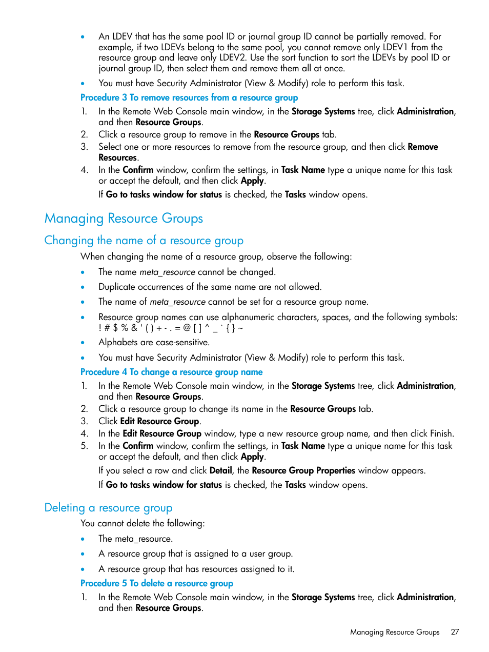 Managing resource groups, Changing the name of a resource group, Deleting a resource group | HP XP P9500 Storage User Manual | Page 27 / 335