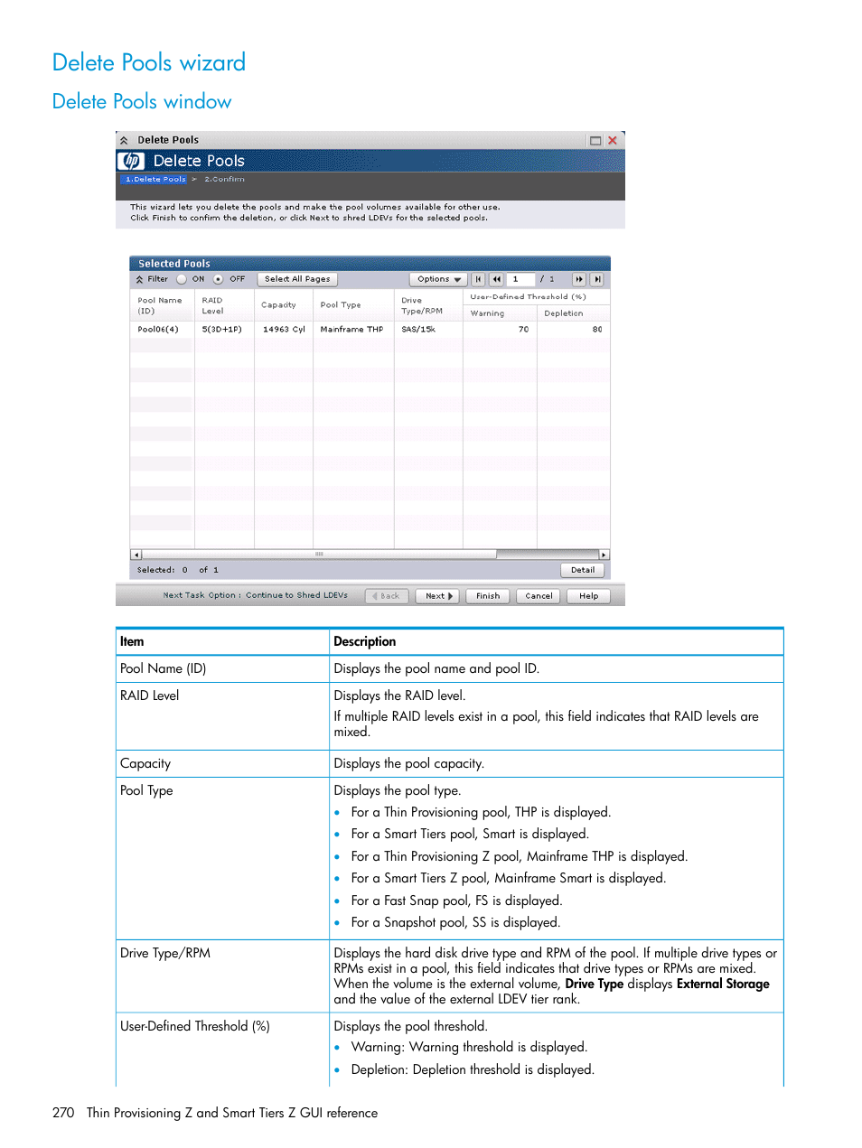 Delete pools wizard, Delete pools window | HP XP P9500 Storage User Manual | Page 270 / 335