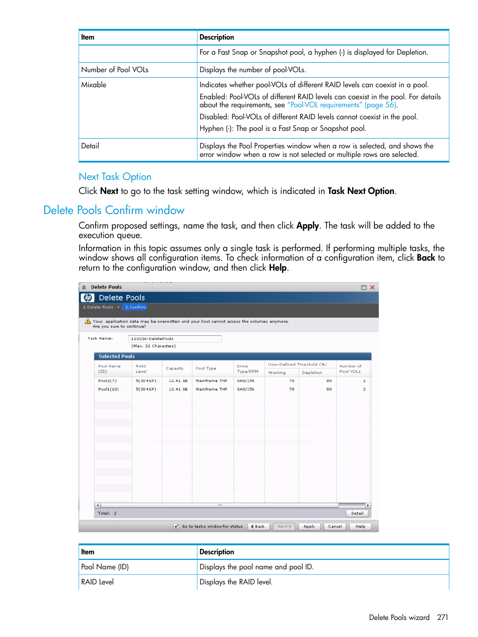 Delete pools confirm window, Next task option | HP XP P9500 Storage User Manual | Page 271 / 335