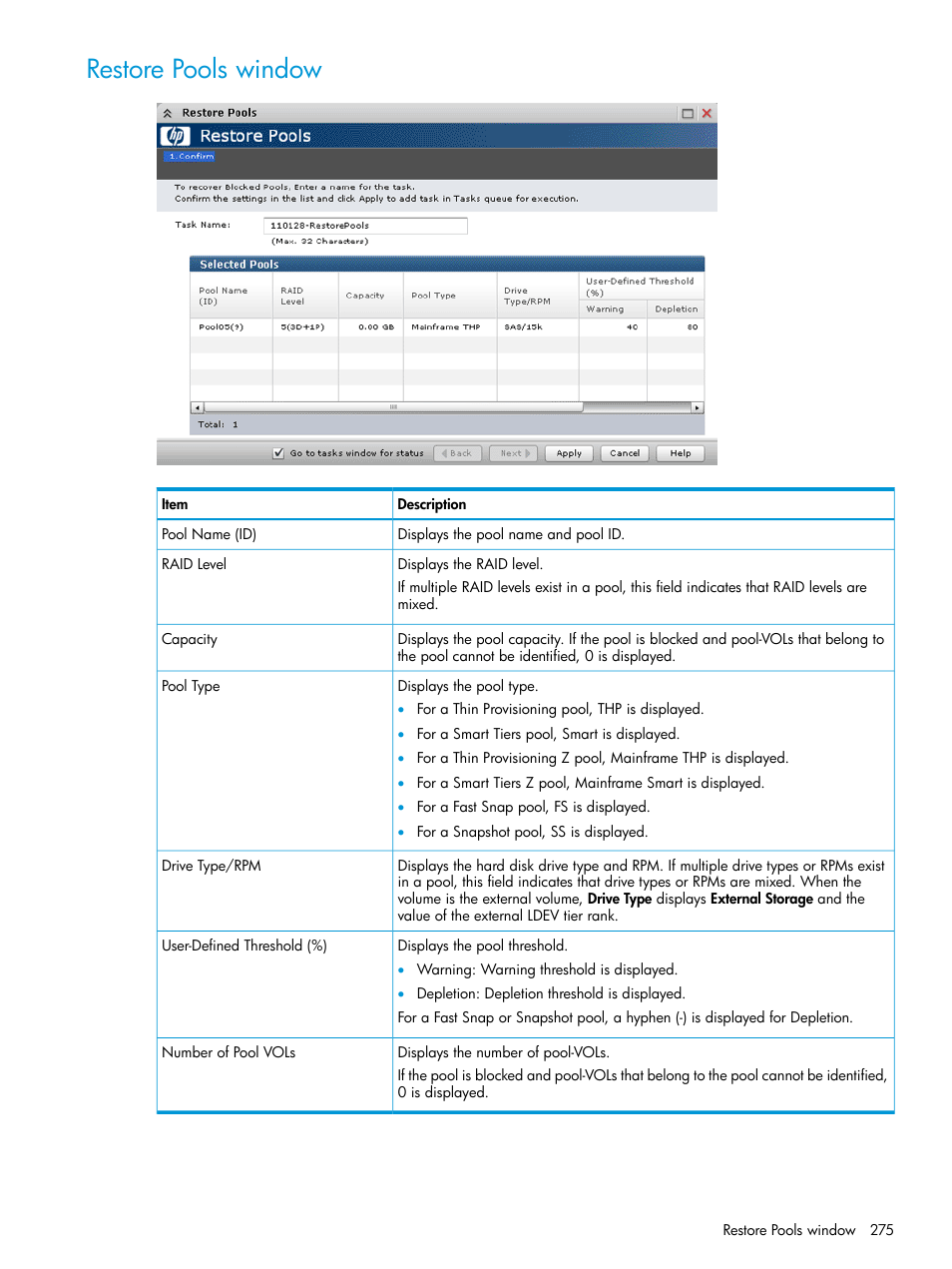 Restore pools window | HP XP P9500 Storage User Manual | Page 275 / 335