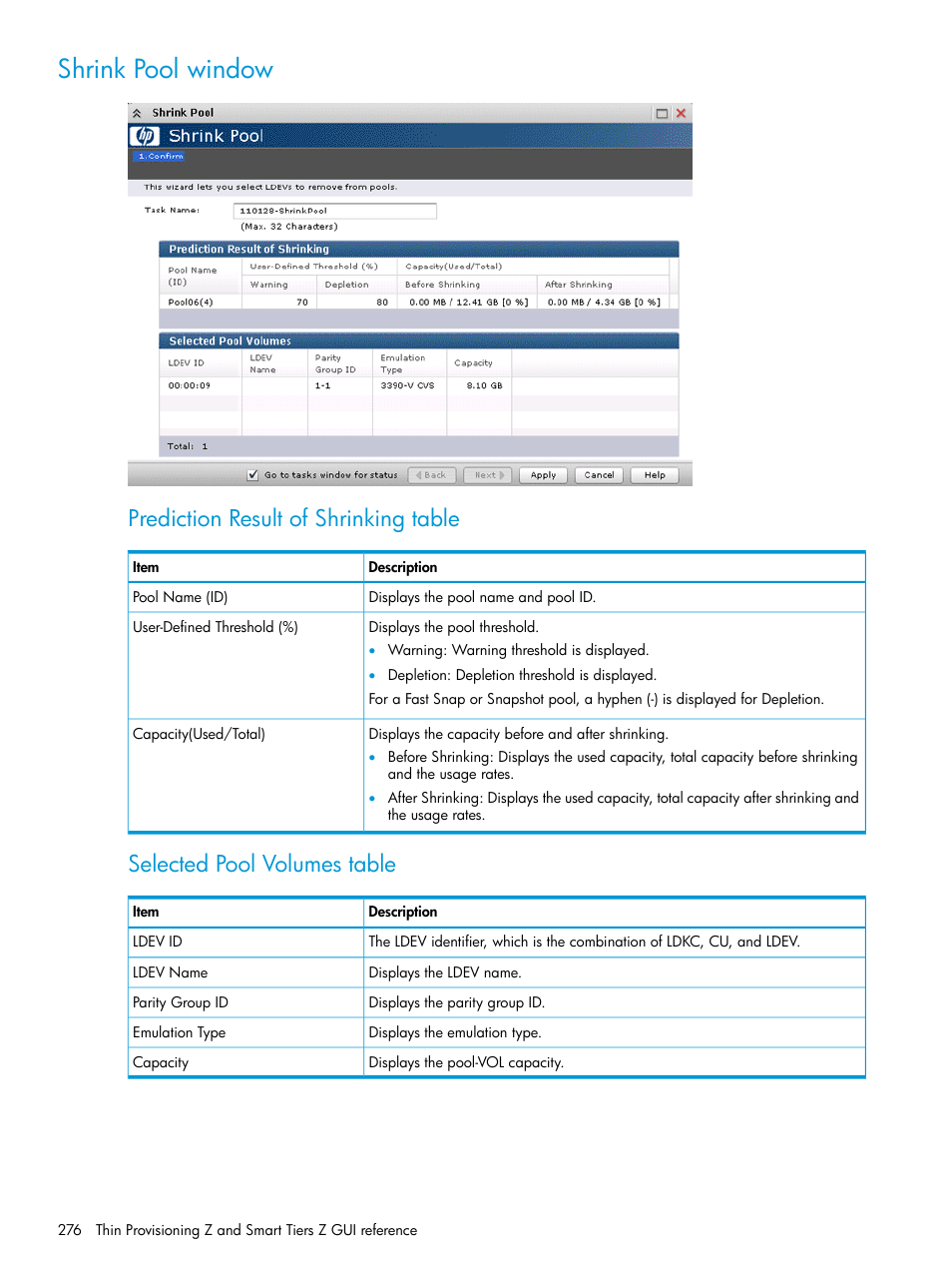 Shrink pool window, Prediction result of shrinking table, Selected pool volumes table | HP XP P9500 Storage User Manual | Page 276 / 335