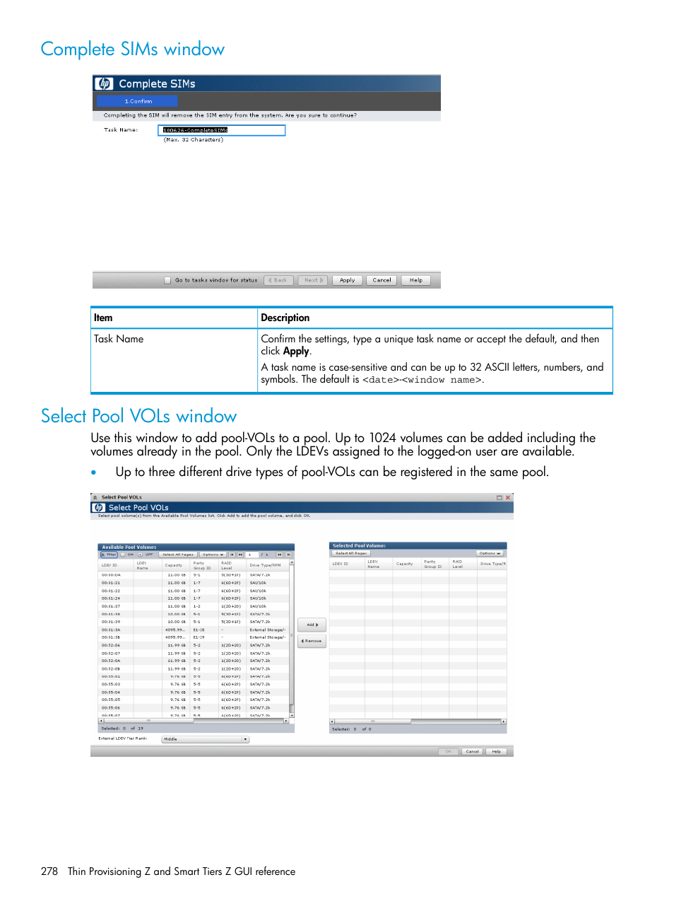 Complete sims window, Select pool vols window | HP XP P9500 Storage User Manual | Page 278 / 335