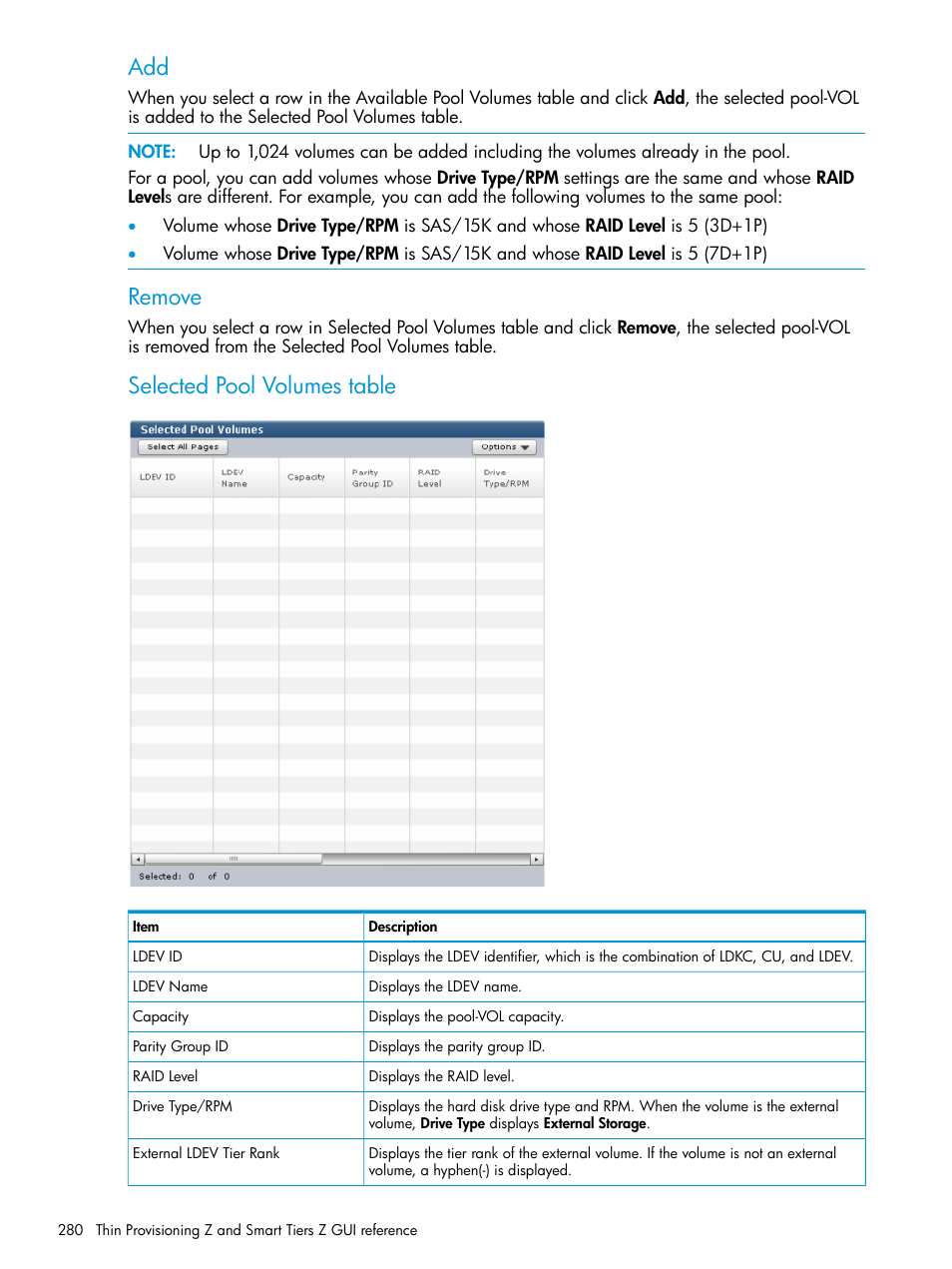 Remove, Selected pool volumes table | HP XP P9500 Storage User Manual | Page 280 / 335