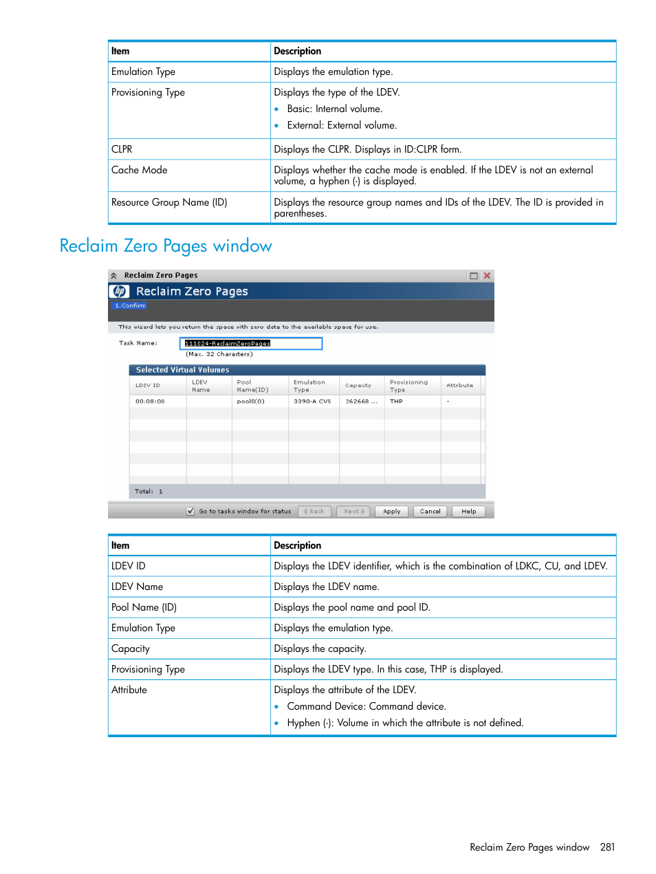 Reclaim zero pages window | HP XP P9500 Storage User Manual | Page 281 / 335