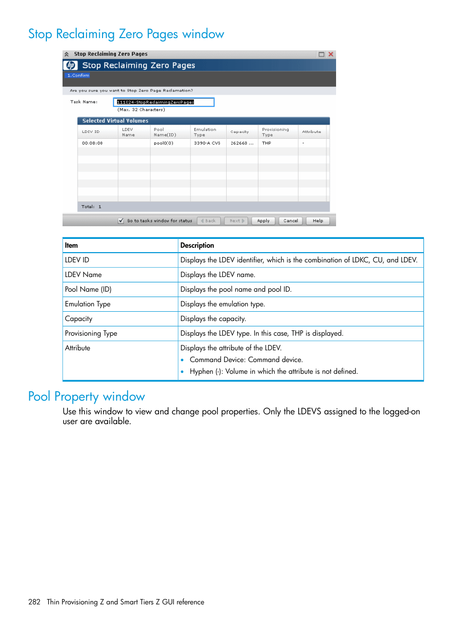 Pool property window, Stop reclaiming zero pages window | HP XP P9500 Storage User Manual | Page 282 / 335