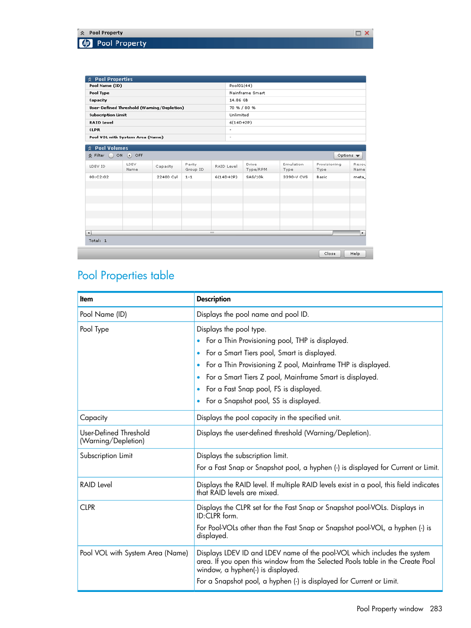 Pool properties table | HP XP P9500 Storage User Manual | Page 283 / 335